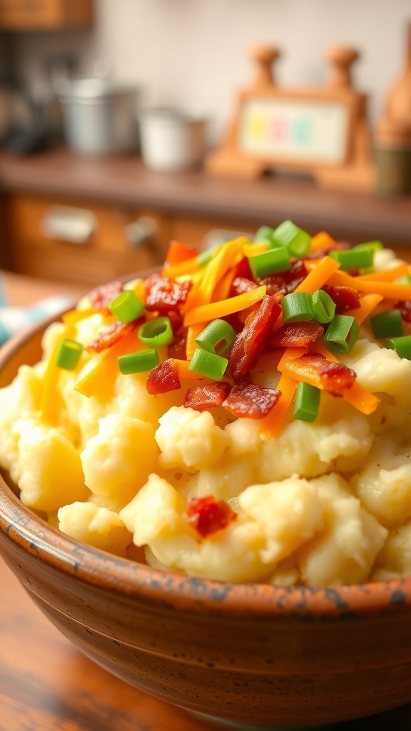 Creamy loaded mashed potatoes topped with cheese, bacon, and green onions in a rustic bowl.